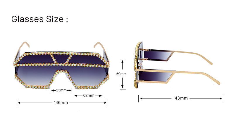 Handgefertigte Sonnenbrille mit großem Rahmen und Strasssteinen 