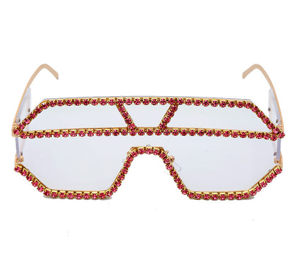Handgefertigte Sonnenbrille mit großem Rahmen und Strasssteinen 