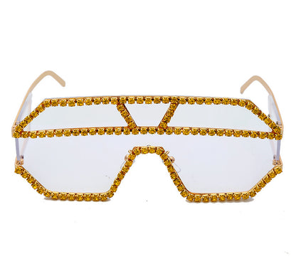 Handgefertigte Sonnenbrille mit großem Rahmen und Strasssteinen 