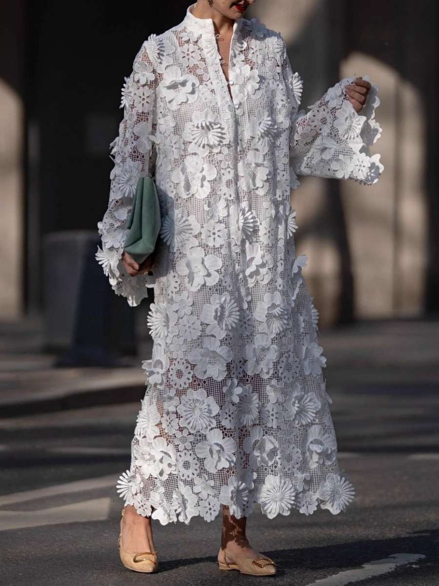 Hollow Three-dimensional Flower Long Sleeve Loose Dress