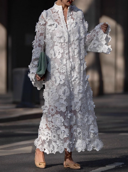 Hollow Three-dimensional Flower Long Sleeve Loose Dress