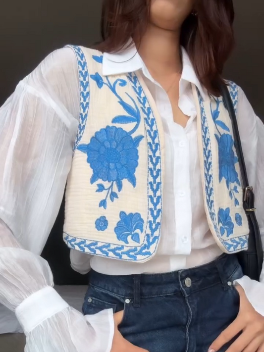 Blue Flower Embroidered Vest