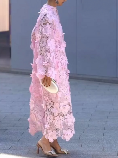 Hollow Three-dimensional Flower Long Sleeve Loose Dress
