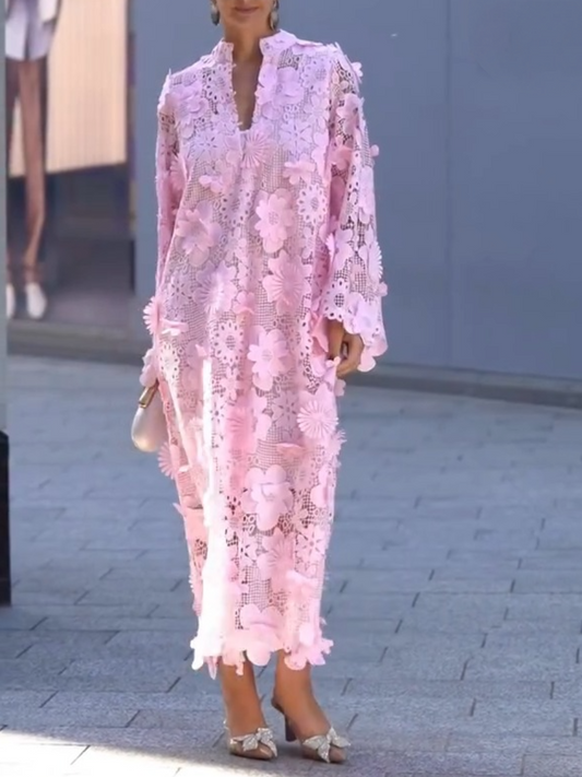 Hollow Three-dimensional Flower Long Sleeve Loose Dress