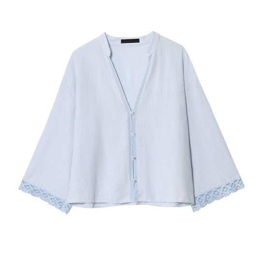 Lace-Trimed V-Neck Short Loose Shirt