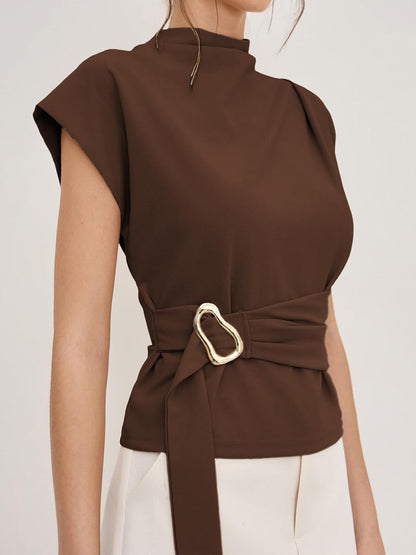 Buckle Tie Stand Collar Blouse