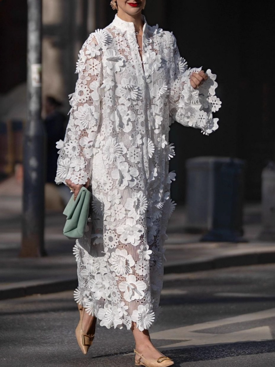 Hollow Three-dimensional Flower Long Sleeve Loose Dress