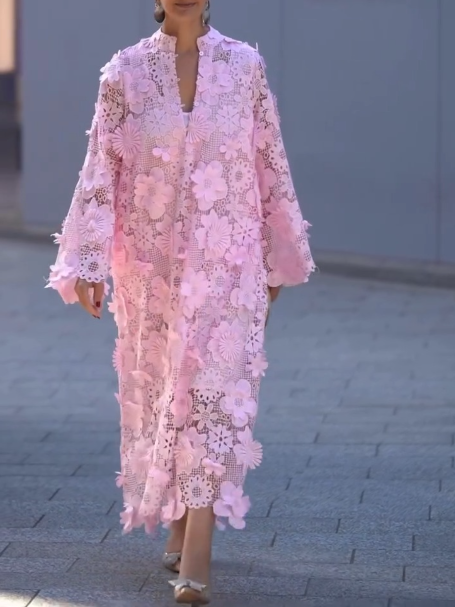 Hollow Three-dimensional Flower Long Sleeve Loose Dress