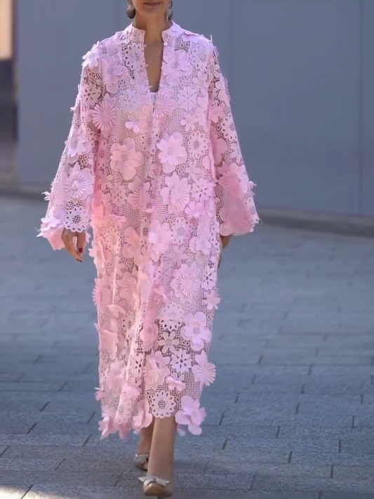 Hollow Three-dimensional Flower Long Sleeve Loose Dress
